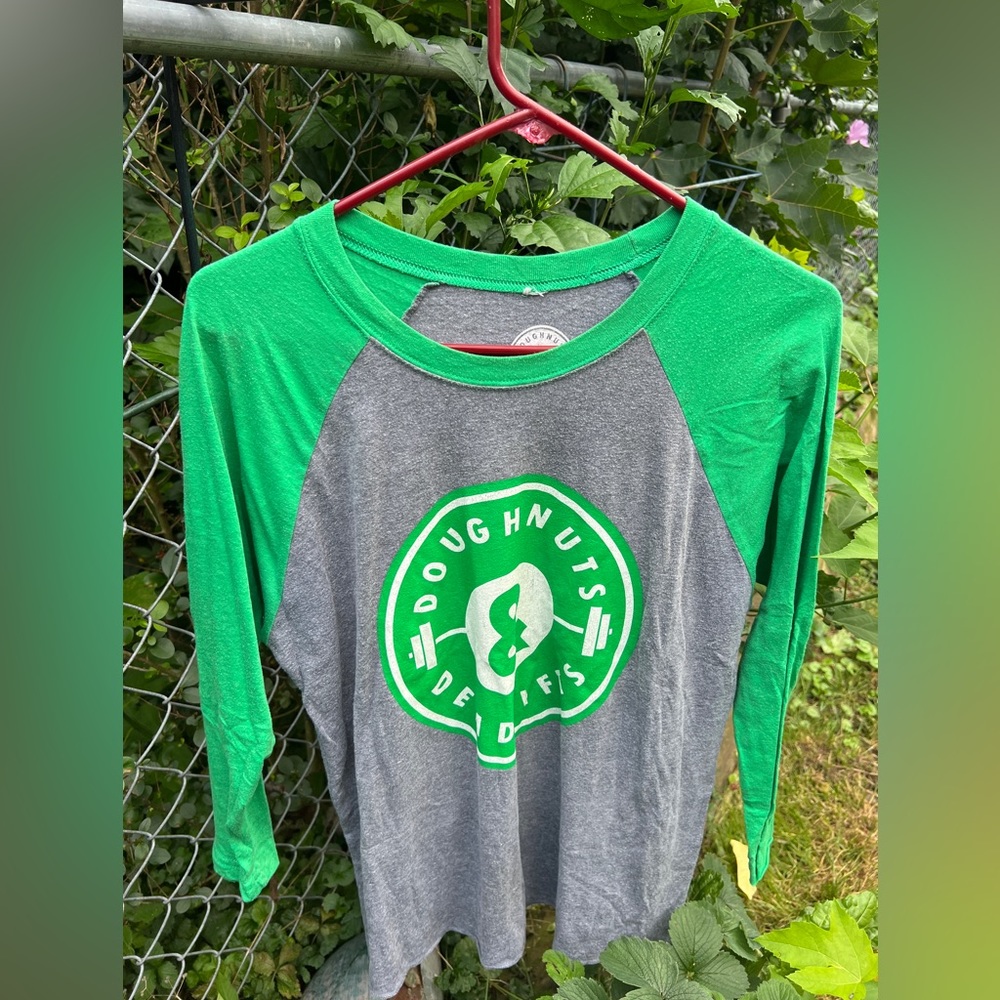 Doughnuts and Deadlifts 3/4 sleeve shirt. Size medium.